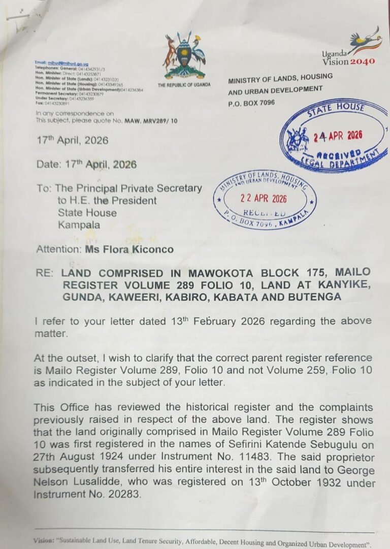 LAST NAIL! MINISTRY OF LANDS WRITES TO MUSEVENI OVER KAMENGO LAND, ANSWERS OWNERSHIP QUERIES